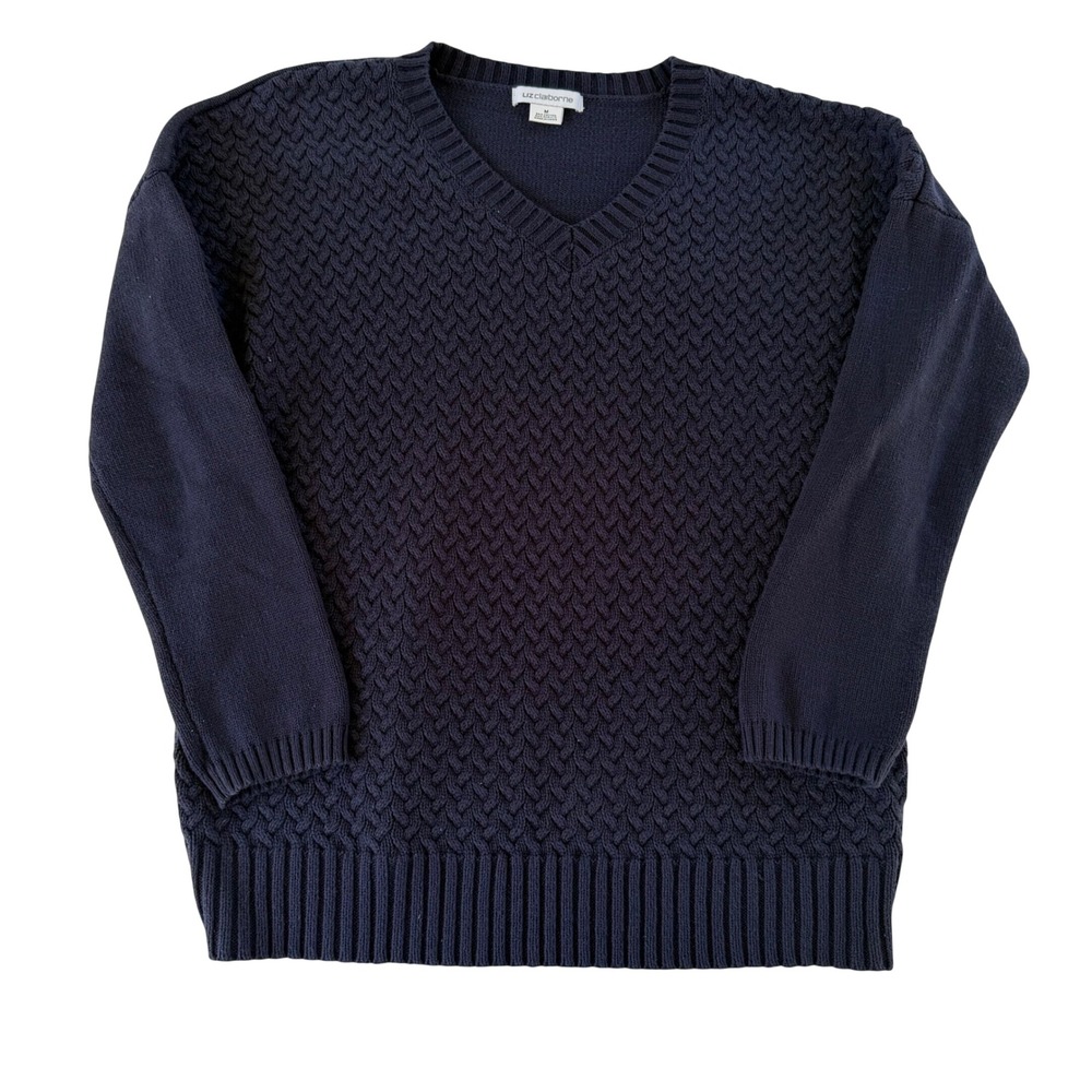Liz Claiborne Navy Blue Textured V-Neck Drop Shoulder Sweater Medium